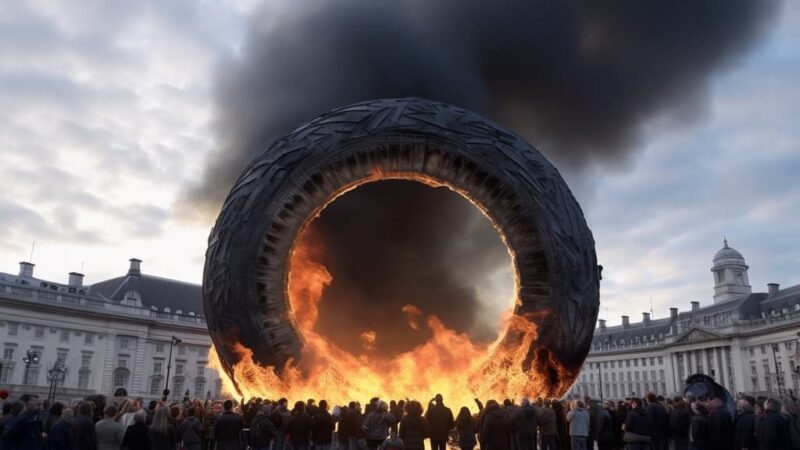 Agência de propaganda falsa anuncia o primeiro “incêndio de pneus” neutro em carbono