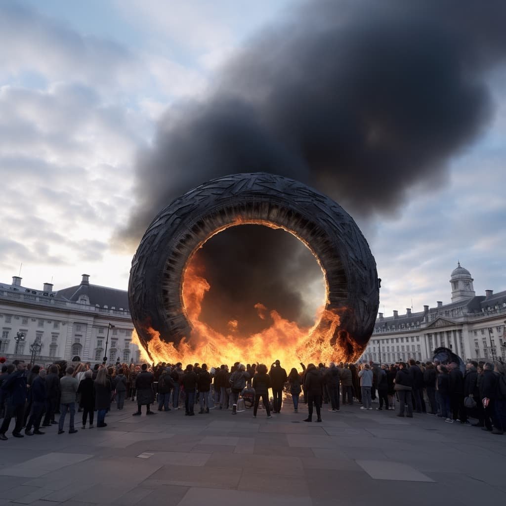 Agência de propaganda falsa anuncia o primeiro “incêndio de pneus” neutro em carbono